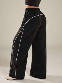 SHEIN PETITE Pantalon noir à jambes larges pour femmes, style streetwear vintage, festival, sortie, retour à la maison, basique, essentiels pour le port quotidien, automne/hiver, pour femmes de petite taille - Noir - Voir 3