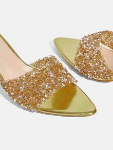 CUCCOO TILAWA Transparent Asymmetric Chunky Heel Women's Glass Rhinestone Sandals - yellow gold - View 8