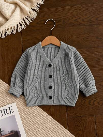 SHEIN Cardigan Lengan Panjang Bertekstur Kancing Model Baru untuk Bayi Perempuan, Cocok untuk Musim Gugur