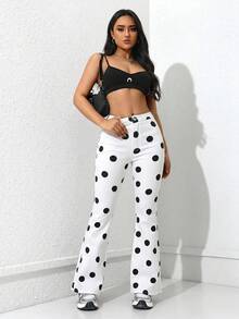 SHEIN Privé 女款時尚百搭圓點印花鈕扣喇叭牛仔長褲 - 白色 - 查看 4