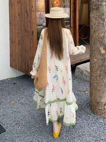 DAZY 女款圓領韓式全印花寬鬆休閒中長洋裝，適合春夏度假 - 米色 - 查看 2
