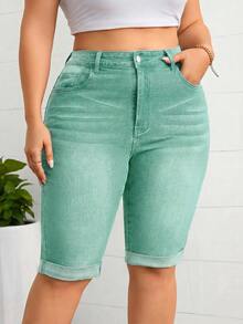 Firerie Plus Size Solid Color Zipper Fly Denim Shorts Suitable For Daily Wear - Mint Green - View 1