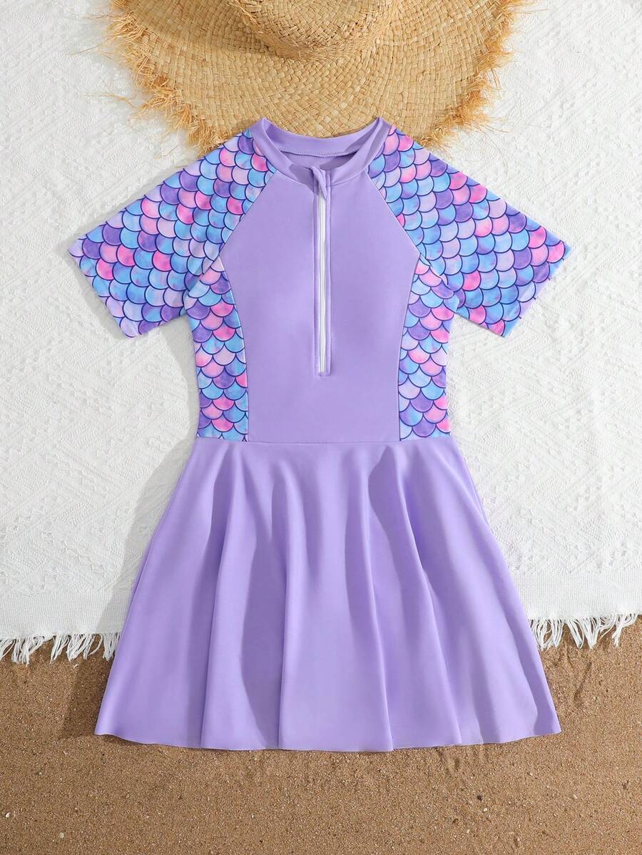 Tween Girl Fish Scale Pattern Print Short Sleeve Ruffle One-Piece Swimsuit - Multicolor - View 1