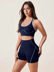 SHEIN Sports 一套藏蓝色无缝女士运动套装，露背无袖设计，柔软舒适贴身，适合健身、跑步、休闲、瑜伽等场合。 - 藏蓝色 - 查看 4