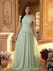 Aureia Plus Size Elegant Luxurious Sage Green Summer Dress,Satin & Chiffon Patchwork Asymmetric Ruched A-Line Hem Formal Wedding Evening Party Bridesmaid - Mint Green - View 7