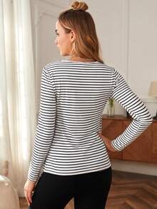SHEIN Maternity Striped Print Nursing Detail Tee With Long Sleeve World Cup - White - View 5