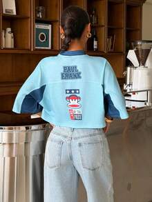 Muchica Paul Frank X SHEIN 女款夏季短袖V領撞色IP聯名字母印花休閒短版插肩袖針織T恤，適合世界盃、比賽日、運動休閒、大學穿搭、畢業季、返校季、度假季 - 彩色 - 查看 2