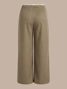 SHEIN BASICS 休閒端莊保守風拼接色梭織中腰鬆身長寬腿口袋大碼長褲，適合辦公室與度假，卡其色，秋季 - 卡其色 - 查看 7