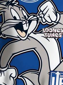 LOONEY TUNES X SHEIN 青少年男童休闲时尚街头可爱卡通兔子字母印花落肩宽松撞色条纹饰边抓绒卫衣，秋冬Y2K风格卫衣，儿童卫衣，男童Y2K服装 - 白色 - 查看 4