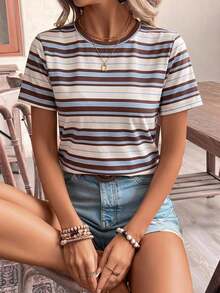 SHEIN Frenchy Áo thun nữ cổ tròn tay ngắn kẻ sọc phong cách thường ngày, mùa hè - Nhiều màu - Xem 8