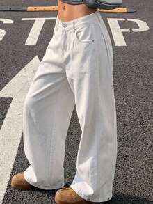 DAZY Solid Color Loose Button Decor Cuffed Hem Straight Leg Jeans - White - View 10
