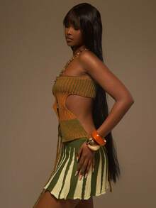 MUSERA Orange And Green Knit Bandeau Keyhole Cut Out Tie Front Top - Yellow - View 3