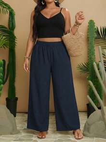 Travachic Plus Size Women Solid Color Loose High Waist Wide Leg Casual Pants - Navy Blue - View 6