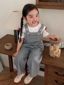 DAZY Peto de mezclilla casual a rayas estilo coreano para bebé/niña pequeña - Azul y blanco - Ver 7