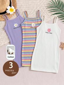 LMoss Kids Baby Girl Knitted Solid Color Striped Floral Pattern Camisole Dress 3pcs Set - Multicolor - View 7