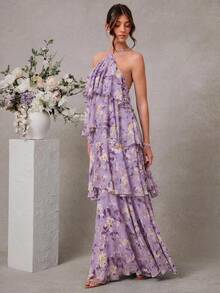 L'Amorae Elegant Romantic Wedding Guest Solid Halter Tiered Chiffon Maxi Dress - Purple - View 3