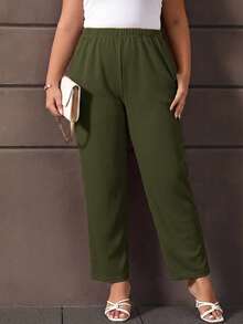 EMERY ROSE Pantalones largos negros casuales de uso diario con bolsillos para mujer talla grande - Verde militar - Ver 3