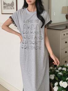DAZY Lace Patchwork Loose Short Sleeve T-Shirt Dress, Long Casual Dress For Women Summer Pajamas - Light Grey - View 8