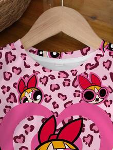 THE POWERPUFF GIRLS X SHEIN 少女卡通爱心印花圆领短袖T恤 - 白色 - 查看 3