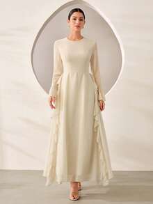 Graceveil Round Neck Waist-Cinching V-Neck Ruffle Flare Sleeve Full Skirt Chiffon Dress Wedding Summer Modest Middle Eastern - Apricot - View 5