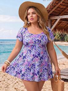 SHEIN CURVE+ 2026新款加大码女式短袖碎花泳装连衣裙吊带套装，适合夏季海滩度假 - 彩色 - 查看 3