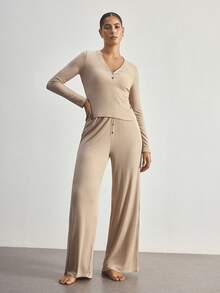Ocili Women Solid Color Long Sleeve Top And Pants Pajama Set - Khaki - View 4