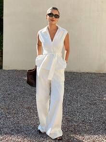Livesso Women's Sleeveless V-Neck Belted Top And Loose Long Pants Denim Set - White - View 2