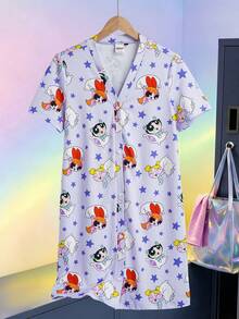 THE POWERPUFF GIRLS X SHEIN 女士V领前开襟纽扣休闲短袖睡裙，春夏款 - 紫色 - 查看 1