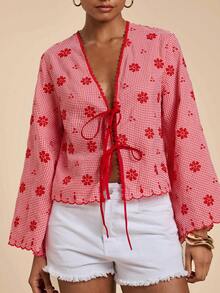 Travachic 女款格紋花卉刺繡圖案休閒百搭日常出遊襯衫 - 紅色 - 查看 7