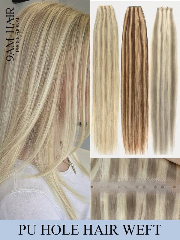 PU Hole Weft Human Hair Extension Butterfly Weft Hair Extension Real Human Hair 12-24inch Highlighted Color Straight Human Hair Extensions Bundles Invisible Hair Extensions Human Hair For Daily & Wedding & Party