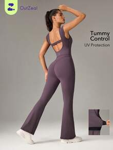 OutZeal Women Outdoor Jumpsuits Workout Gym Pilates Clothes UV Protection Buttery Soft Bra-In Flared Leg With Pocket - Purple - View 1