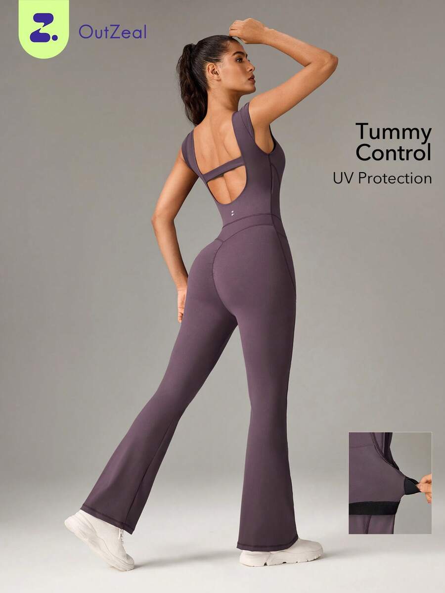 OutZeal Women Outdoor Jumpsuits Workout Gym Pilates Clothes UV Protection Buttery Soft Bra-In Flared Leg With Pocket - Purple - View 1