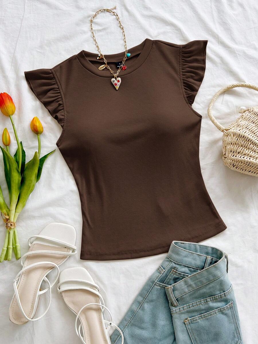 Soleia WYWH Vacation Ruffle Trim Ribbed Dark Brown Knit Tee Going Out Summer Casual - Coffee Brown - View 1