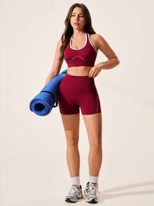 SHEIN Dewbera 1套勃艮第紅無縫女款運動套裝，掛脖無袖，柔軟舒適修身，適合健身、跑步、休閒、瑜伽，女款運動服，夏季兩件套，女款健身套裝，女款運動服，夏季套裝，健身服，女款運動服，兩件套，女款運動服，運動套裝，健身套裝，女款健身服，女款運動套裝，健身套裝，兩件套，健身套裝 - 酒紅色 - 查看 7