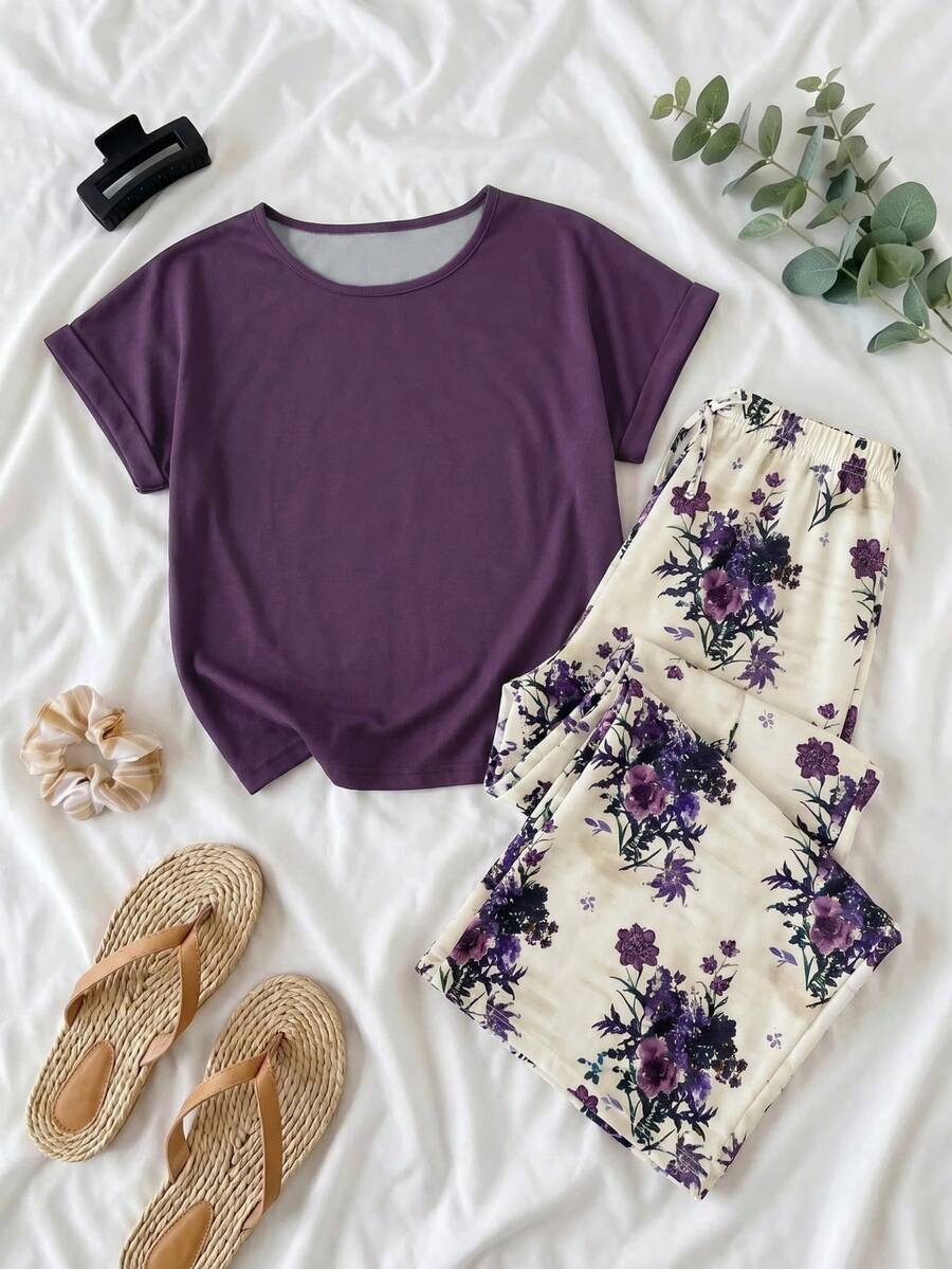 SHEIN Tween Girl Loose Casual Simple Comfortable Round Neck Short Sleeve Striped T-Shirt And Long Pants Set - Purple - View 1