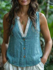 Zayélia Women's Notched Neck Sleeveless Casual Summer Tank Top - Blue - View 3