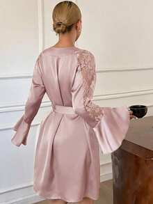 DAZY Summer Charming Satin Lace Patchwork Ruffle Sleeve Robe & Waist-Cinching Camisole Short Nightgown Set For Women - Pink - View 2