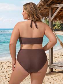 SHEIN CURVE+ 大尺碼女款夏季海灘素色掛脖綁帶性感時尚比基尼兩件式泳衣套裝 - 棕色 - 查看 5
