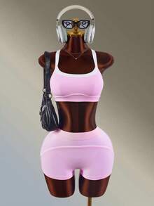 Amplova Damen Farbblock BH und Shorts Sport Set - Pink - Übersicht 8