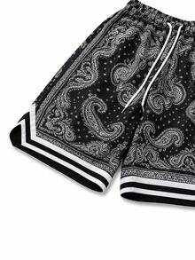 Manfinity Dauomo Men's Vacation Cashew Pattern Print Striped Drawstring Waist Pocket Shorts - Black - View 3
