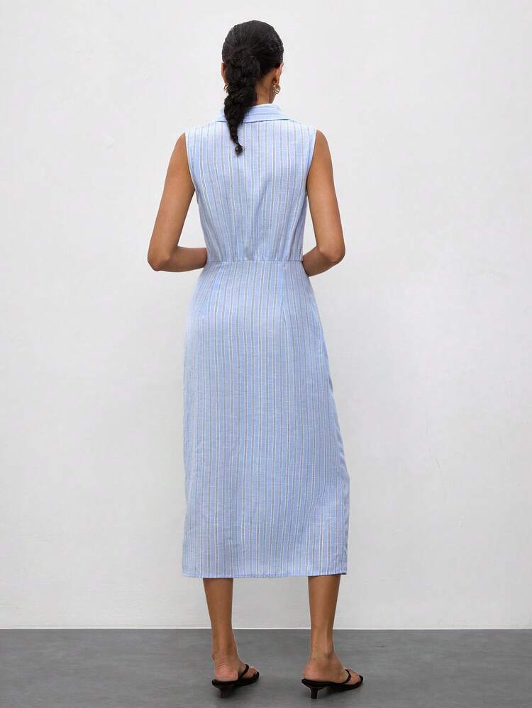 SHEIN Maija Women's Summer Casual Striped Sleeveless Wrap Midi Dress,Going Out Outfits,Summer Holiday Outfits