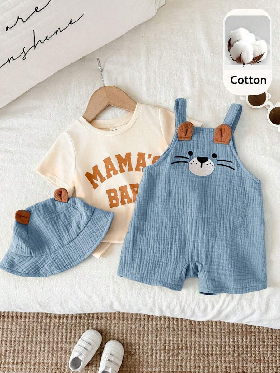 SHEIN Unisex Newborn Baby Boy/Girl 100% Cotton 2pcs Spring/Summer Cute Little Lion Design Crinkle Fabric 3D Shorts Suspenders And Hat Set, Baby Rompers, Baby Summer Outfit, Baby Summer Clothes - Dusty Blue - View 1