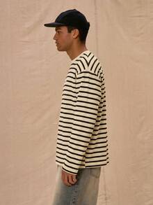Musero Men Relaxed Fit Crew Neck Graphic Letter Print Striped Long Sleeved Top Spring&Summer - Apricot - View 2