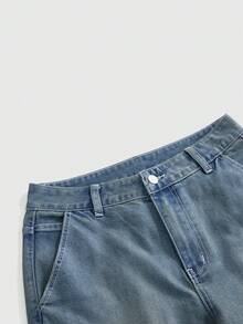 ROMWE Women's Denim Long Pants Floor-Length Asymmetric Split Hem Button Detail Street Style Y2k Casual Hot Girl Low Waist Autumn Back-To-School Aqua Blue - Blue - View 3