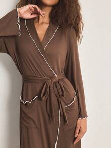 Ocili Comfortable Ribbed Cotton Contrast Color Frill Trim Small Lapel Soft Short Robe, Women Sleepwear Bathrobe - Brown - View 7