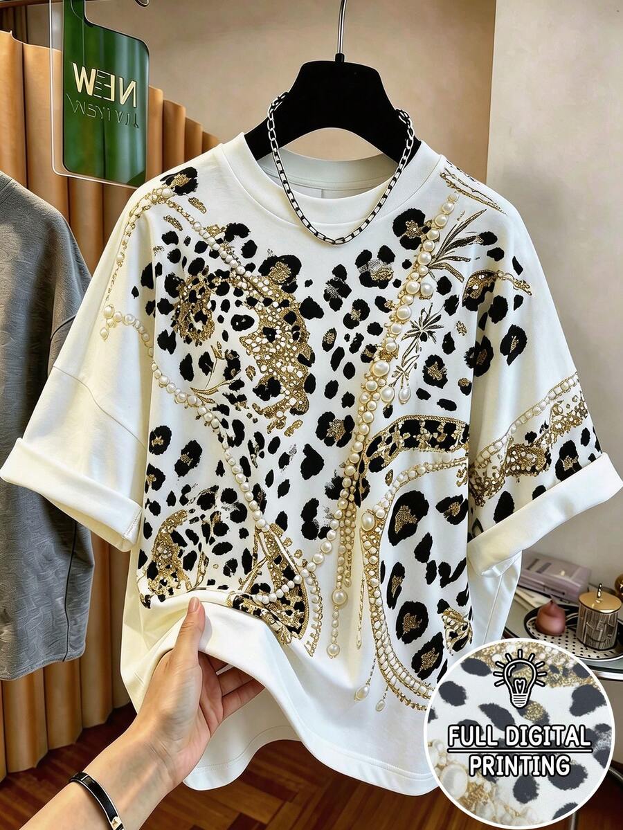 Resyla Women's Leopard Print Round Neck Short Sleeve Casual Streetwear Loose T-Shirt Everyday White Animal Print Summer - Multicolor - View 1