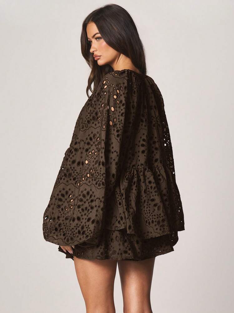 MISSGUIDED Broderie Anglaise Lace Up Two Piece Coordinating Set With Balloon Sleeves And Eyelet Cutout Details For Summer