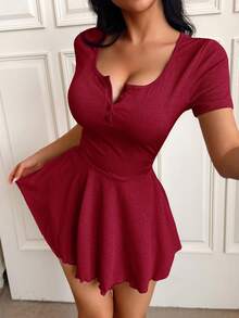 DUSKBASE Casual Comfortable Button Ribbed Ruffle Hem Women's Loungewear Dress - Burgundy - View 3