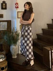 DAZY Women's Plaid Drawstring Waist Casual Versatile Daily Outing Skirt Fall - Coffee Brown - View 3