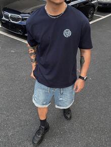 DAZY 男士圓領幾何印花休閒百搭日常旅行短袖T恤圖案上衣夏季 - 藏蓝色 - 查看 6